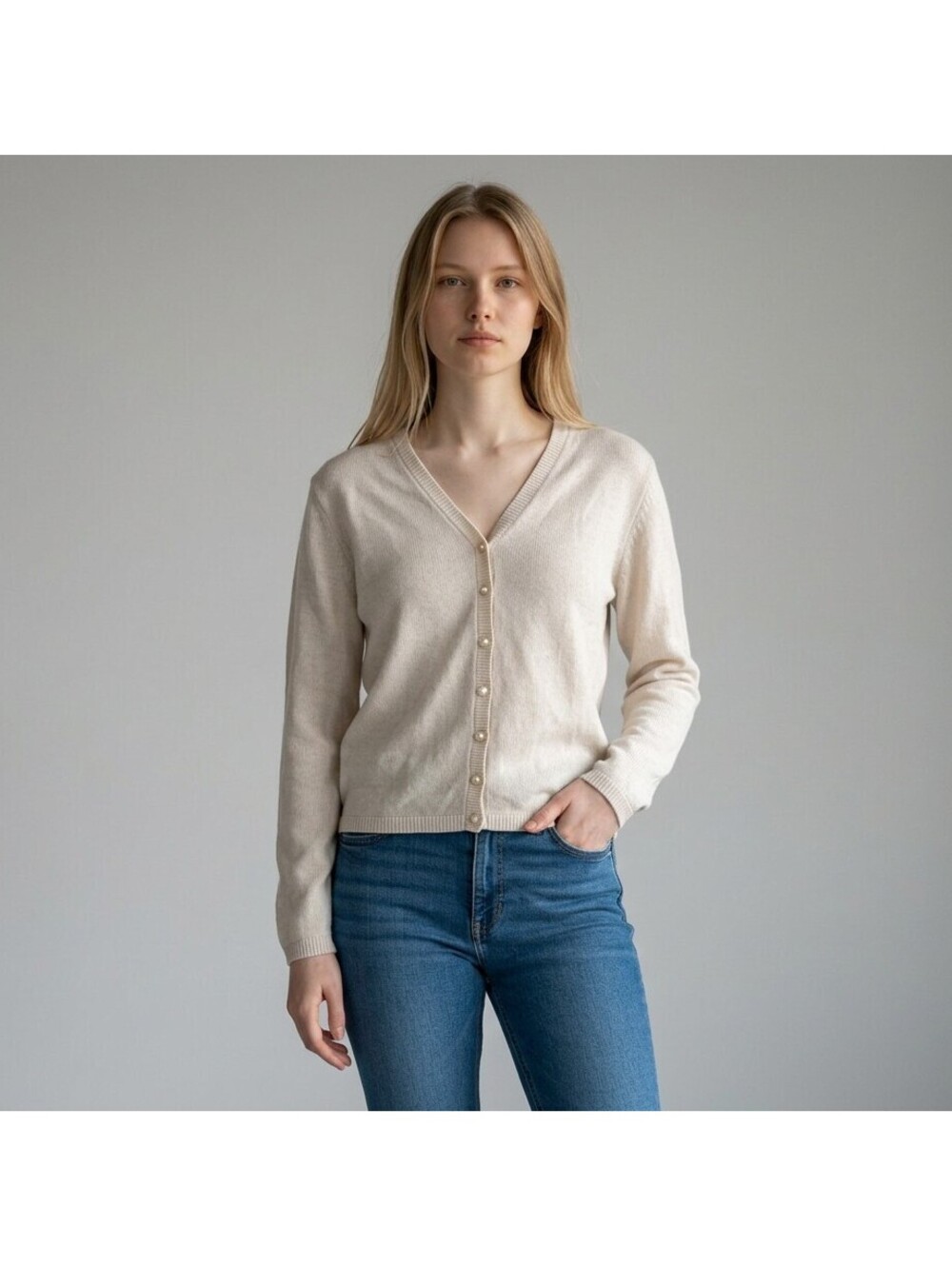 Casual Corner Annex Cardigan Women L Large Gray Knit V-Neck Button Long Sleeve
